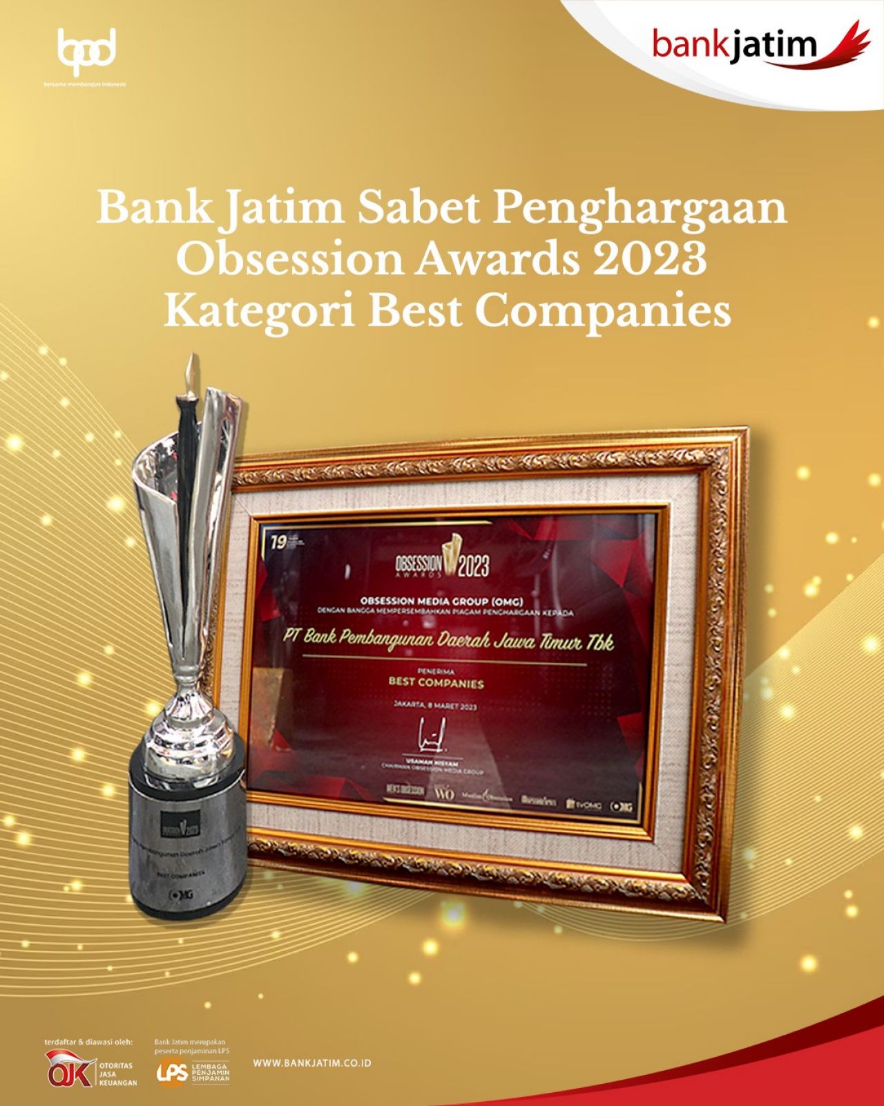 Bank Jatim Sabet Penghargaan Obsession Awards 2023 Kategori Best Companies