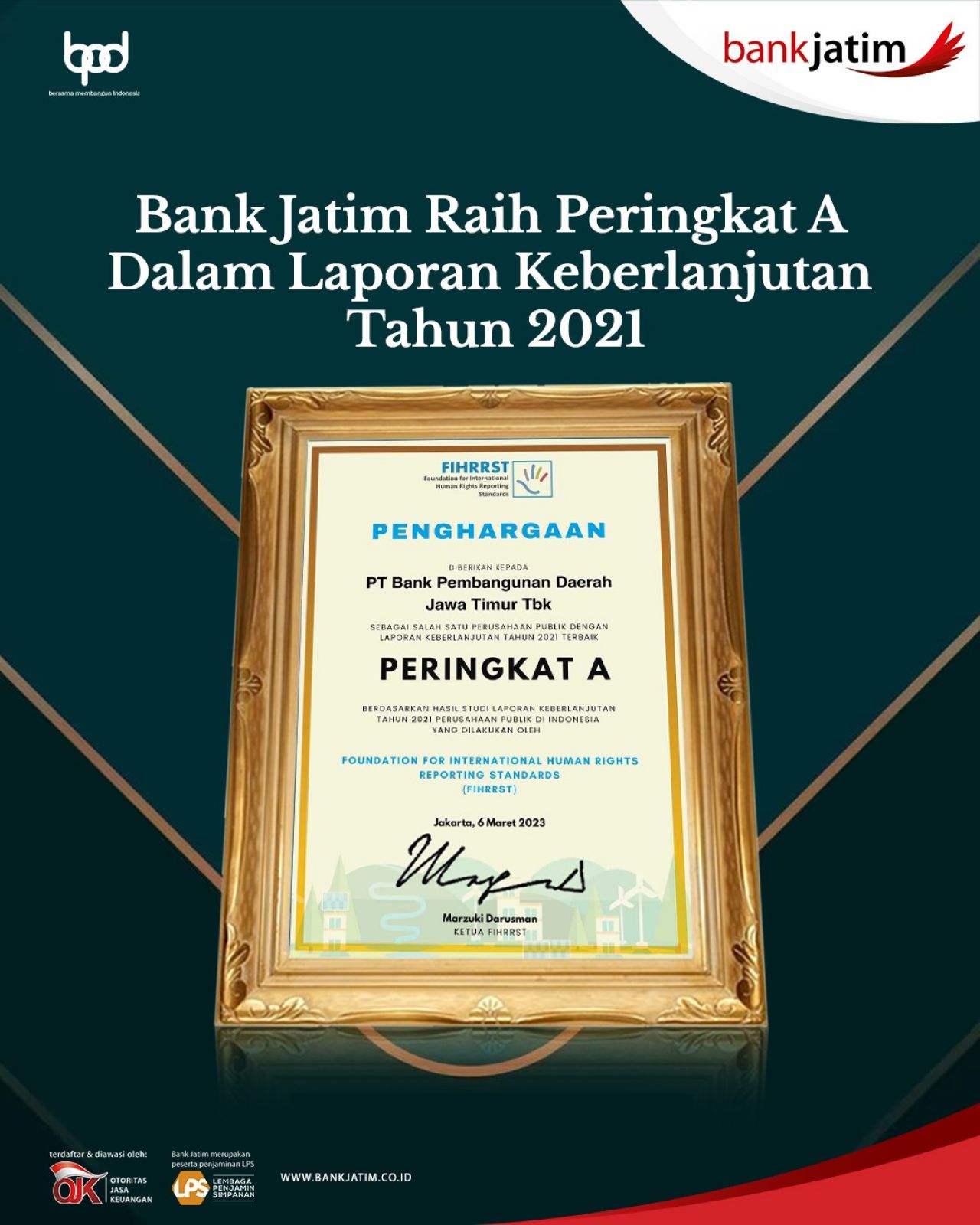 Bank Jatim Raih Peringkat A Dalam Laporan Keberlanjutan Tahun 2021
