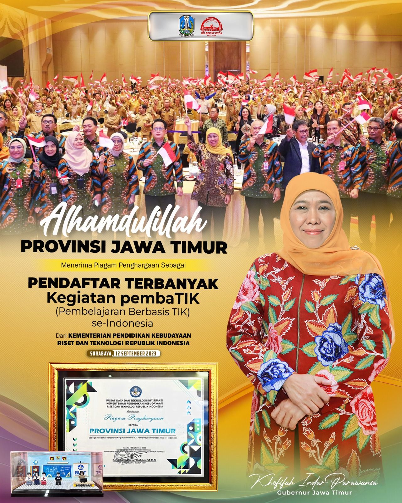 Tendik Jatim Pendaftar Terbanyak Gebyar PembaTIK Indonesia, Khofifah Terima Penghargaan dari Kemendikbudristek