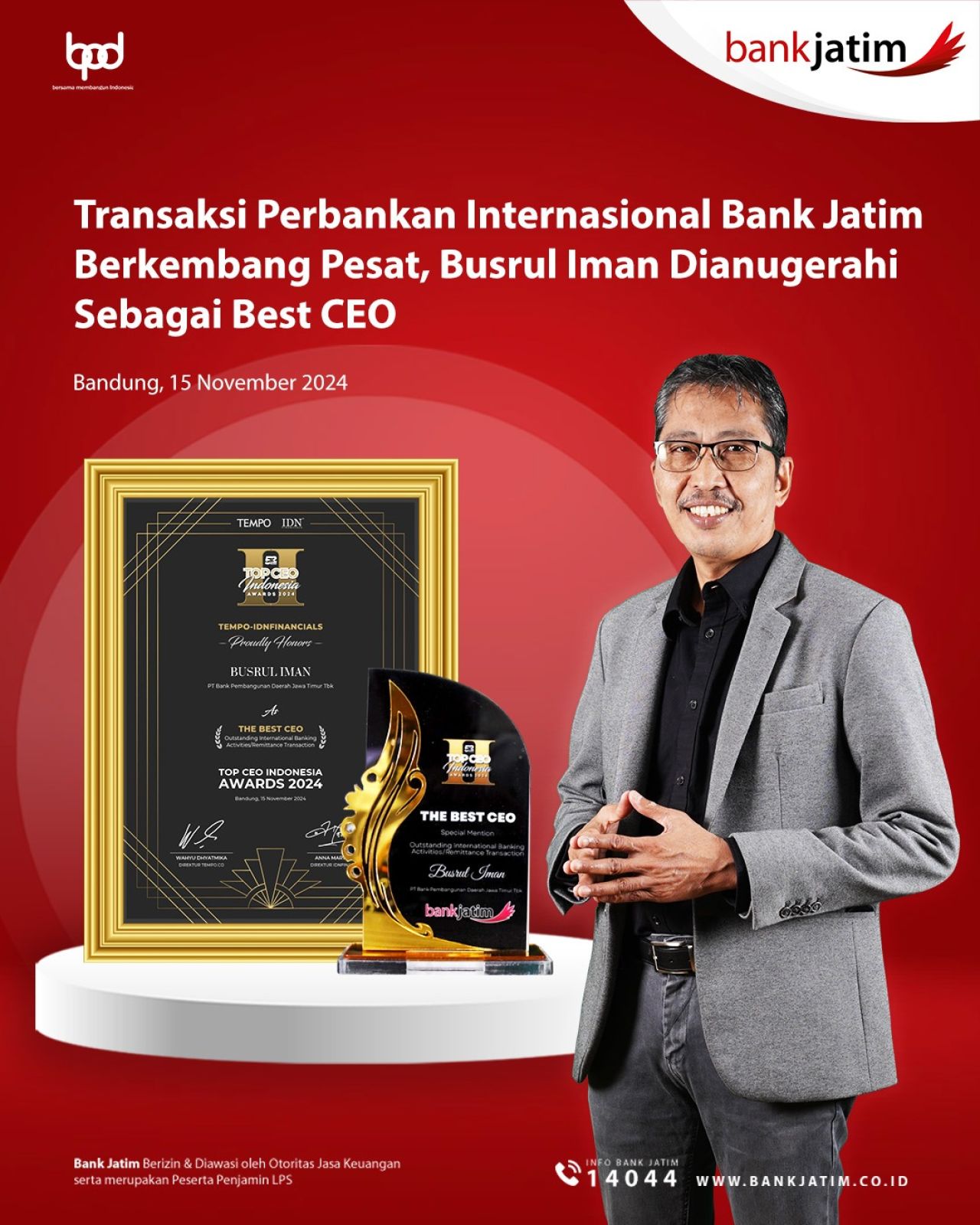 Transaksi Perbankan Internasional Bank Jatim Berkembang Pesat, Busrul Iman Dianugerahi Sebagai Best CEO