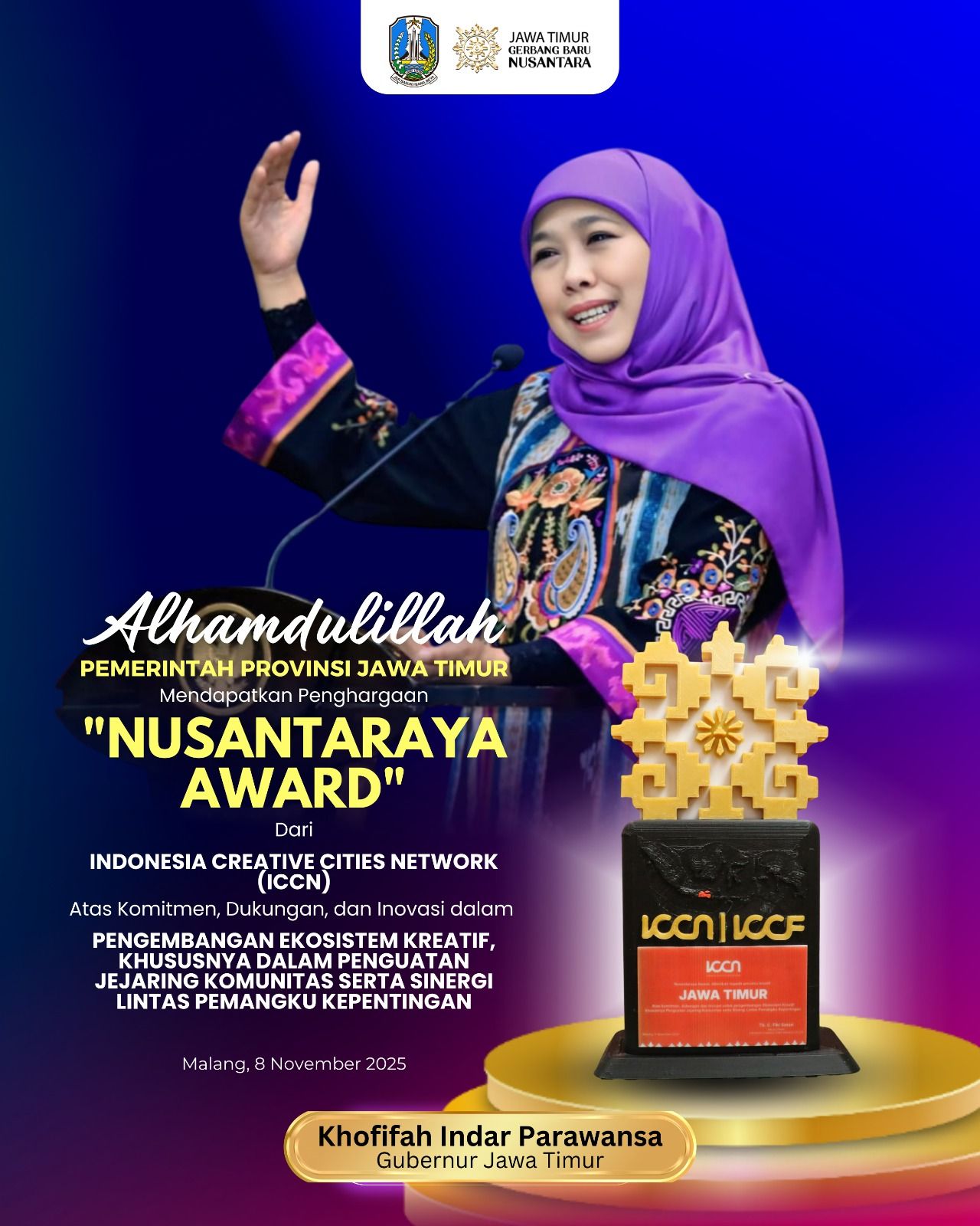 Pemprov Jatim Raih Penghargaan Nusantaraya Award di ICCF 2025, Gubernur Khofifah : Alhamdulillah Jawa Timur Eksport Produk Ekotif Terbesar di Indonesia