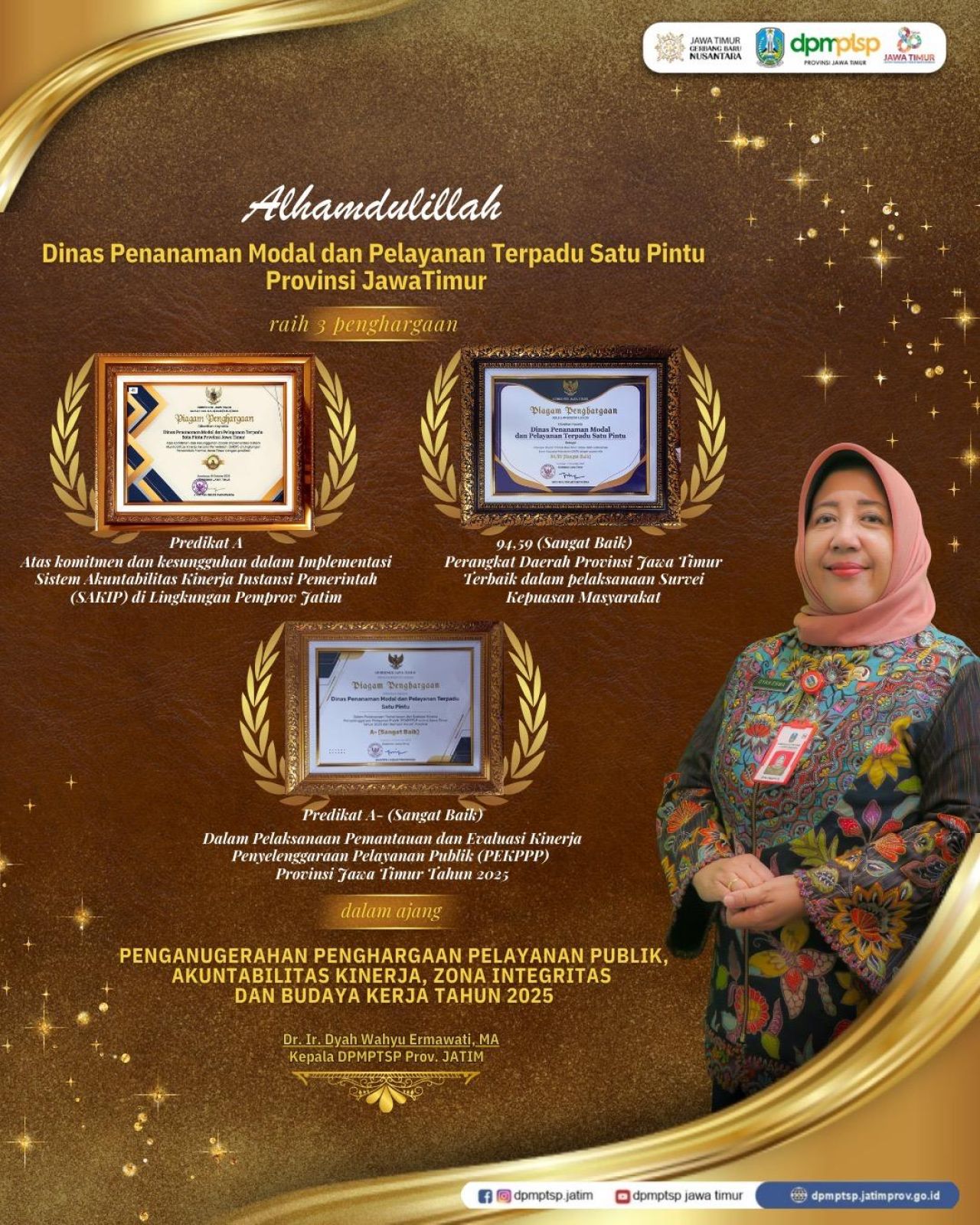 Penghargaan Pelayanan Publik, Akuntabilitas Kinerja, Zona Integritas, dan Budaya Kerja 2025, DPM PTSP Jatim Borong Penghargaan