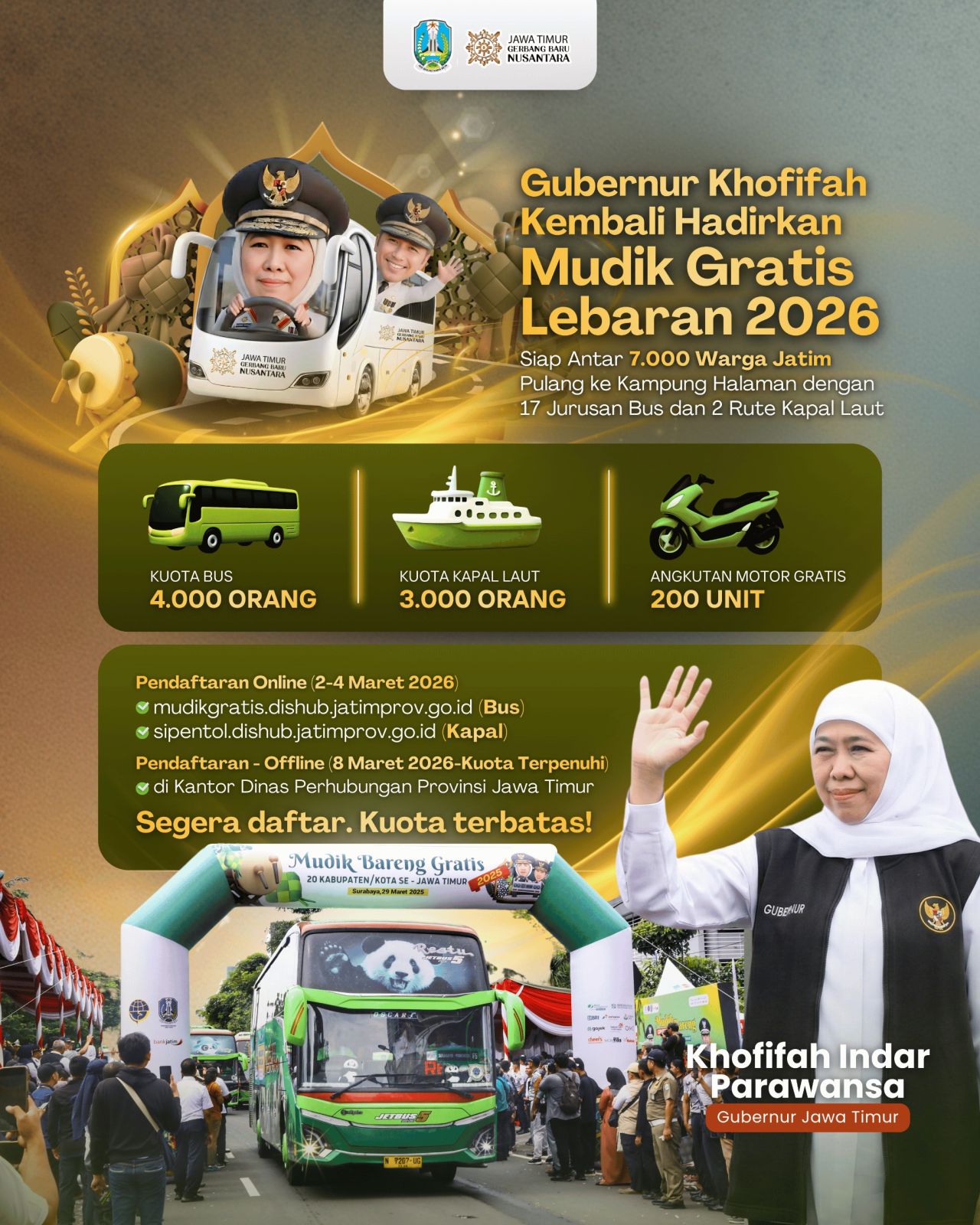 Mudik Gratis Pemprov Jatim Sediakan 7000 Kuota Bus dan Kapal Laut