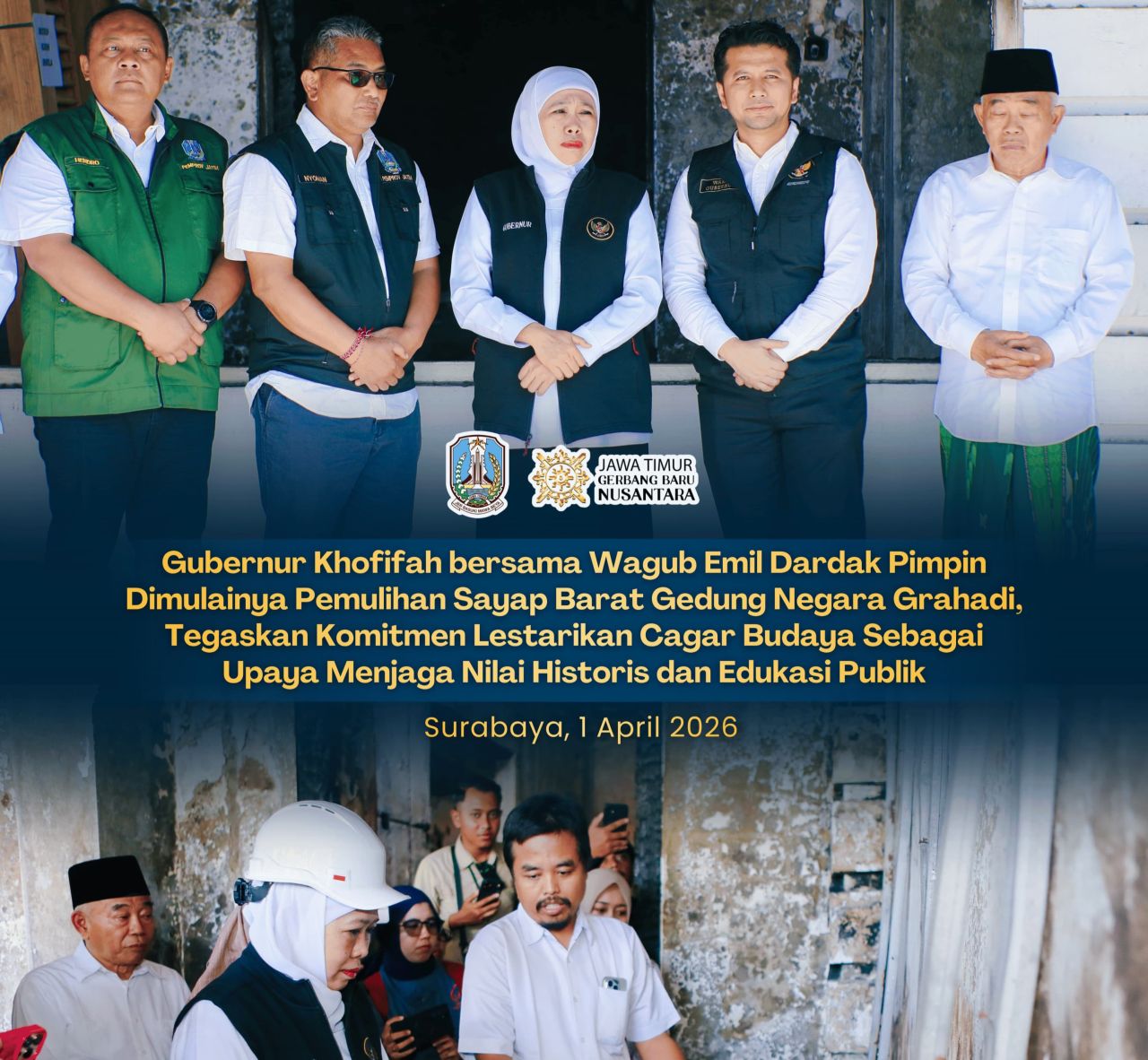 Pemulihan Bangunan Barat Gedung Negara Grahadi Dimulai, Khofifah Pastikan Jaga Kelestarian Cagar Budaya