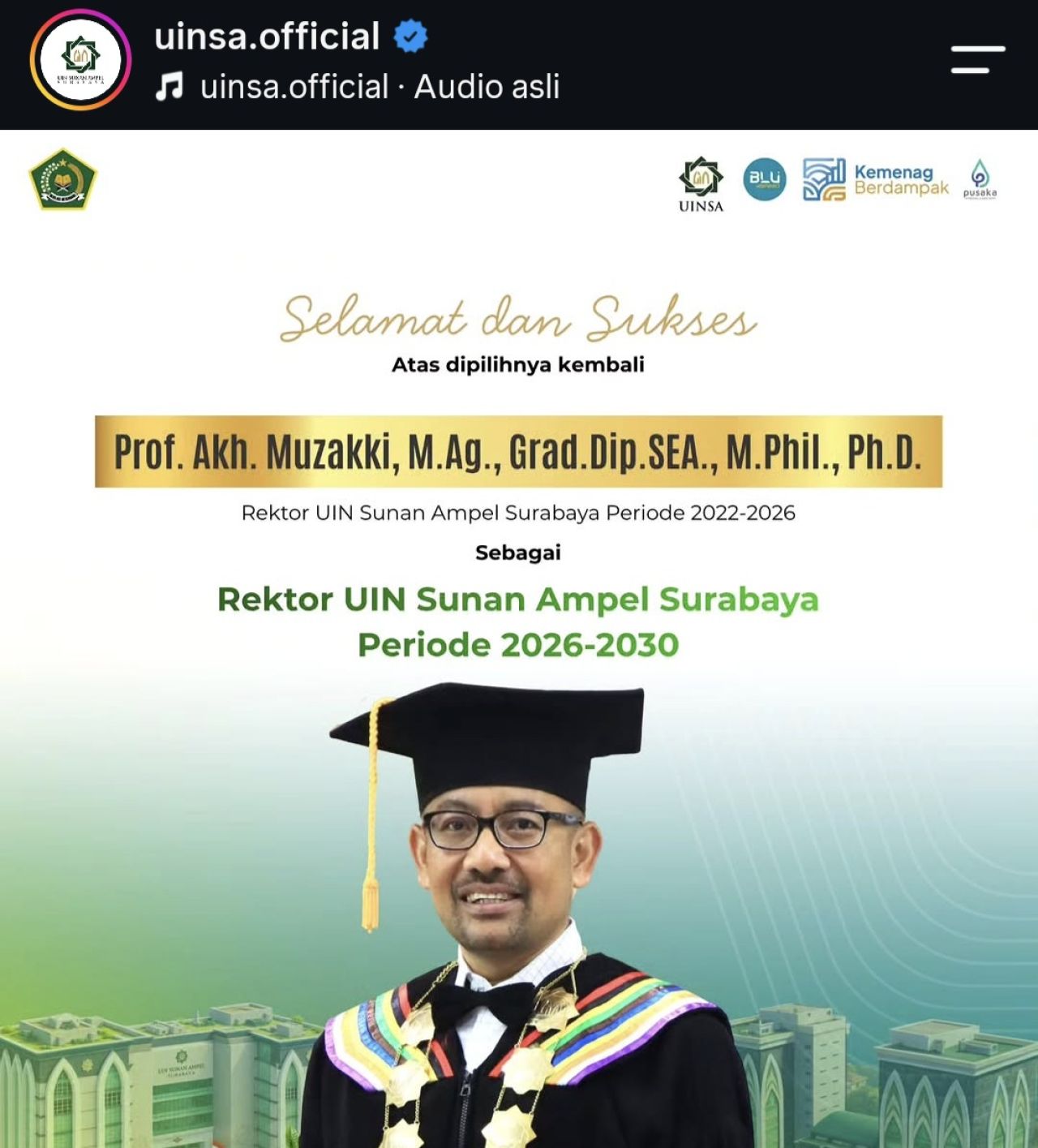UINSA Posting Akh Muzakki Dilantik jadi Rektor Lagi, Netizen : "Gak Duwe Isin"